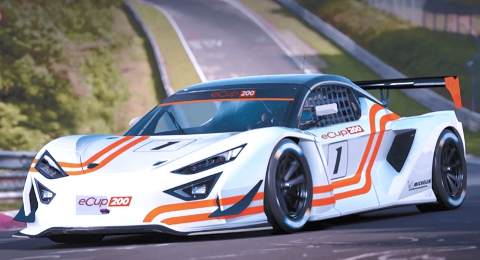 L'eCup 200, voiture de course électrique blanche et orange, en piste