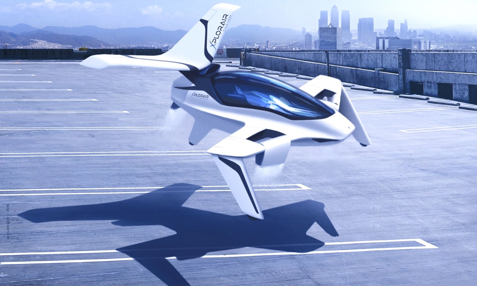 Le Xplorair en vol stationnaire au-dessus d'un toit-terrasse